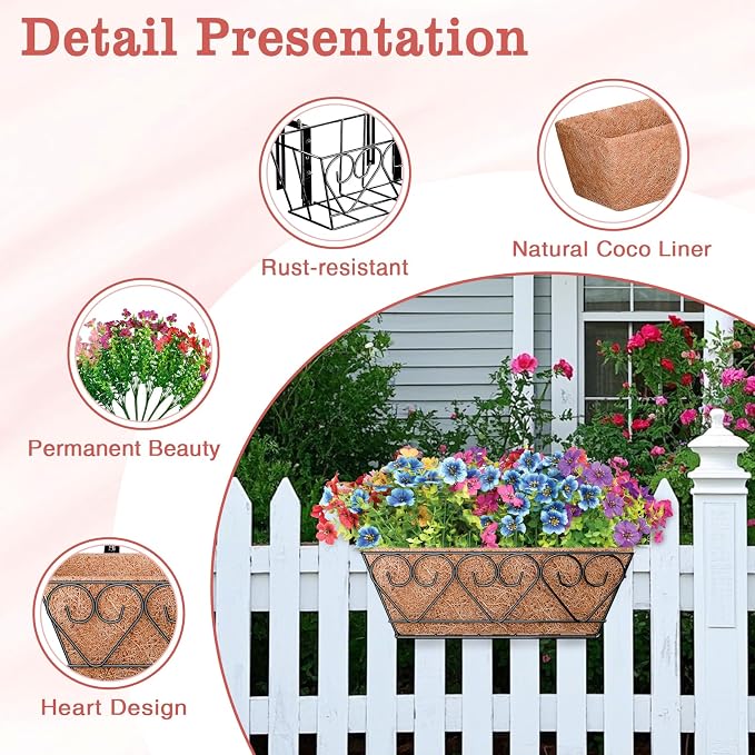 Halatool Railing Planter Box with Artificial Flowers, Metal Window Box with Coconut Liners & 12 PCS UV-Resistant Colorful Faux Flowers for Porch Patio Balcony Windowsill All Season Home Decor (16 in)