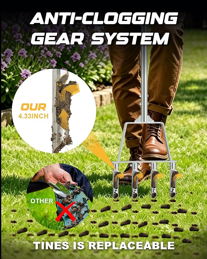 RETRUE Manual Core Aerator Lawn Tool - Lawn Aerator Tool with 4 Replaceable Hollow Tine, Semi-Assembled Grass Aerator Core Aeration Tool for Lawn, Yard Aerator for Lawn Care Compacted Soil