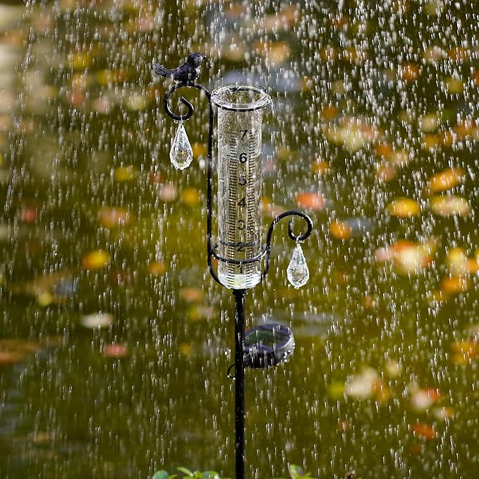Bird Rain Gauge Outdoor with Solar Led Lights with Two Water Droplet Shaped Crystal Pendants. Bird Rain Gauge Decorative for Yard Garden Patio Lawn. Decorative Garden Yard Decor