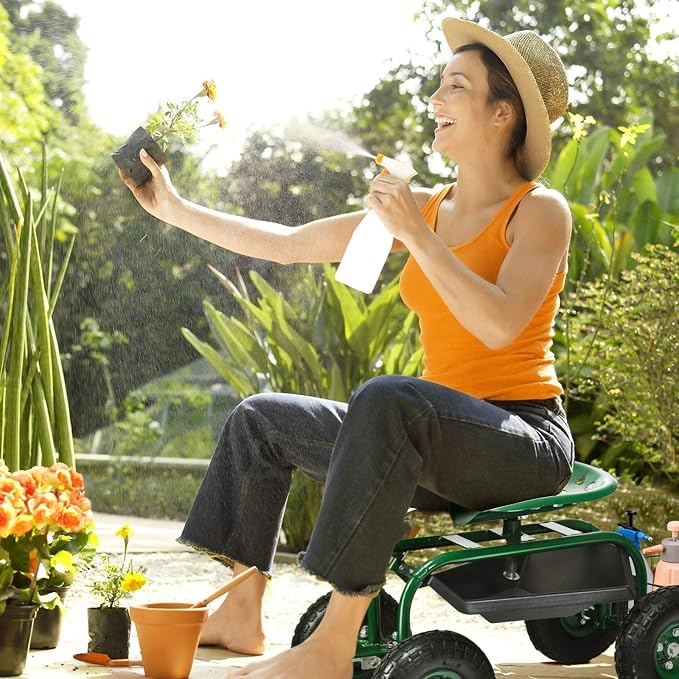 Giantex Garden Cart with Seat, Rolling Garden Seat with Wheels, Tools Basket, 360 Swivel Gardening Workseat, Adjustable Height, Wagon Scooter for Patio Lawn Yard, Outdoor Steerable Stool (Green)