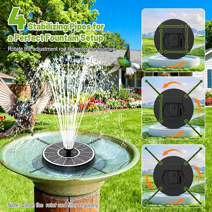 Solar Fountain with 3 Spray Height, Colorful Led Lights, 3.5W Glass Solar Bird Bath Water Fountain with 2000mAh Battery, 4 Rotating Rods and 7 Nozzles for Hummingbird Bathing, Outdoor Decor