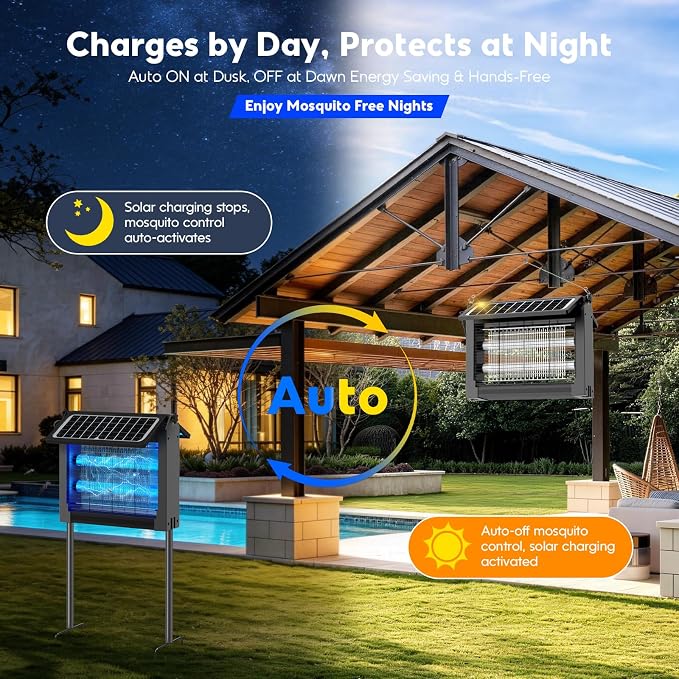 Solar Bug Zapper Outdoor, 4500V Electric Mosquito Zapper with Dual Solar Panels & USB Charging, Auto On/Off Mosquito Killer, IPX5 Waterproof Fly Trap for Backyard Patio Garden Camping, 1/2 Acre