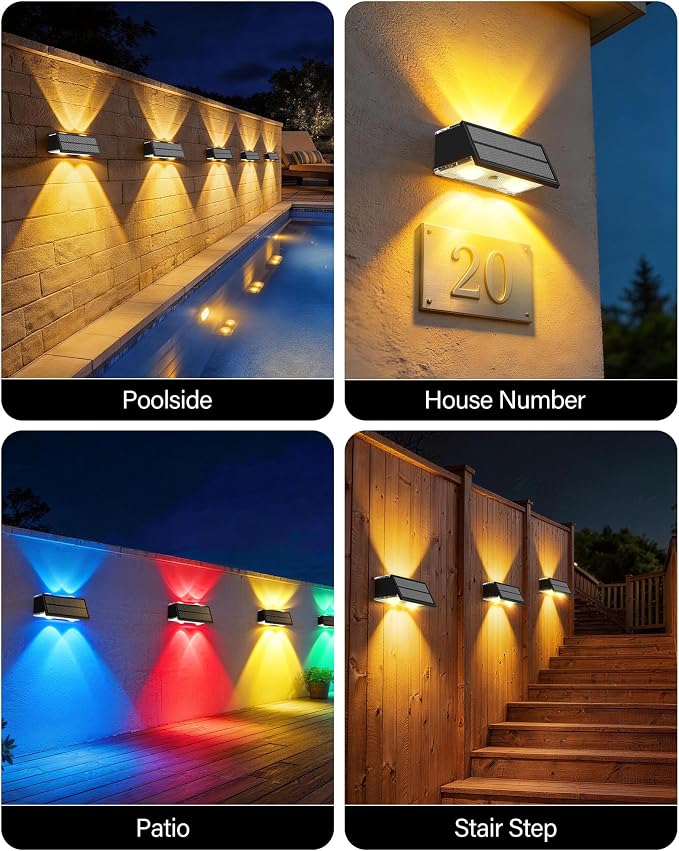 Solar Fence Lights Outdoor, 100LM Fence Lights Solar Powered Waterproof, 9 Color Modes, Up & Down LED Focused Beam, 12H Dusk to Dawn Glow for Pool/Patio/Wall/Backyard - 6 Pack, Black