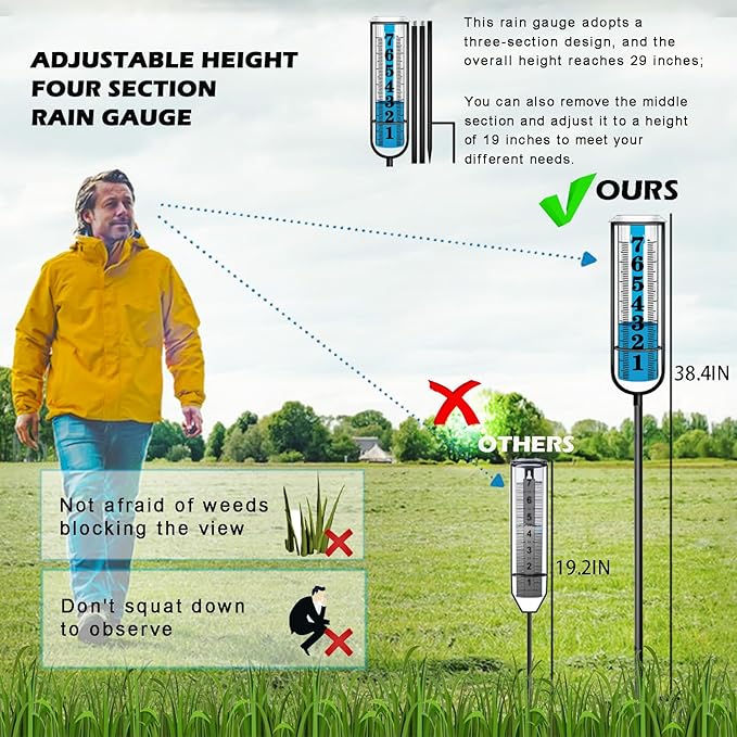 Rain Gauge outdoor, Upgraded Accurate Rain Gauges Outdoors best rated, Freeze Proof Thickened Transparent Plastic Rain Measure Gauge for Yard, Adjustable Height Large Rain Measuring Tool for Garden