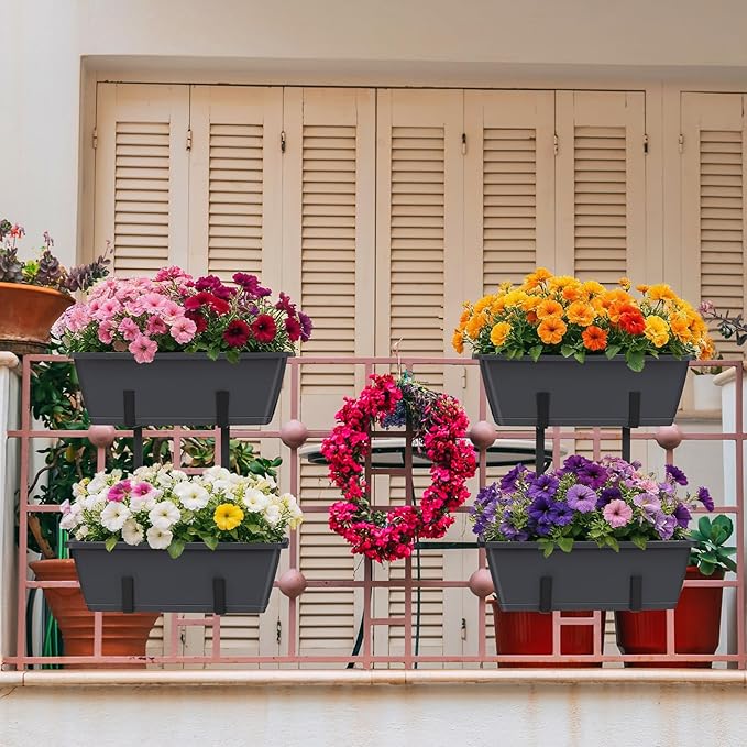 Railing Planter Box 2 Pack Rectangular Window Boxes Planters with Double Adjustable Brackets, Balcony Deck Railing Hanging Planters Herb Flower Pots for Indoor Outdoor Plants Garden Fence Rail