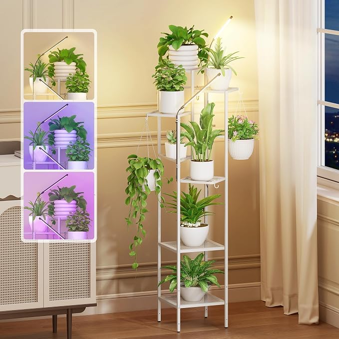 Quikraen 8 tiers Metal Plant Stand with Grow Lights, Tall Lighted Corner Plant Shelf for Indoor Plant Growing,Flower Pot Holder, Plant Rack for Home Decor, Patio (White)
