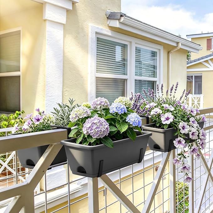 Sunexinlo 4-Pack Railing Planter Boxes with Double-Sided Adjustable Brackets, Plastic Rectangular Flower Boxes with Drainage Holes and Trays for Outdoor Balcony, Deck, Patio, Porch, Fence, Gray