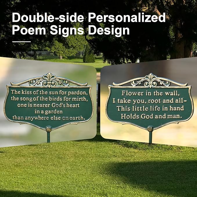 Garden Signs for Outside, "The Kiss of The Sun" Double-Sided Vintage Green Poem Plaque with Stake, Aluminum Outdoor Garden Sign for Patio Yard Lawn Backyard Porch Decor