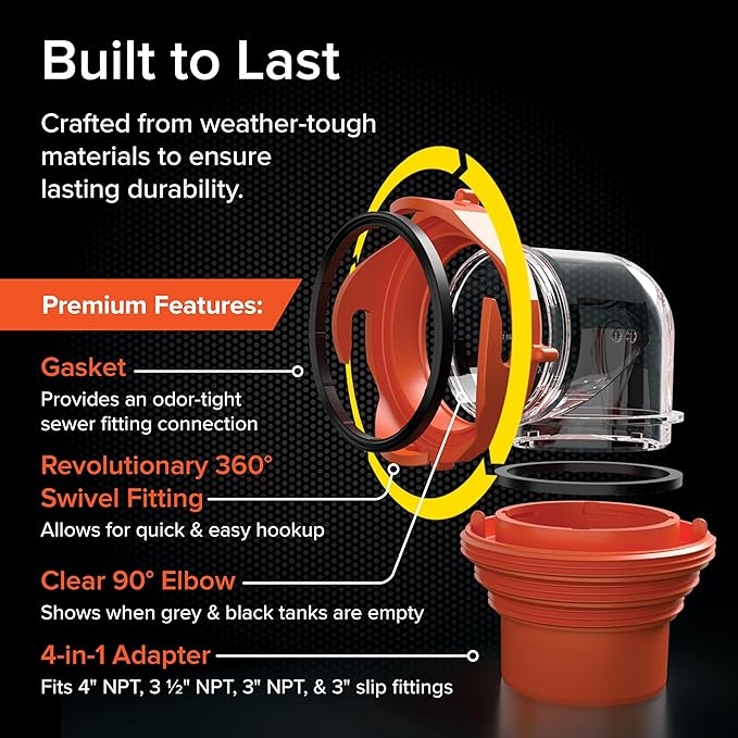 Camco RhinoFlex Clear RV Sewer Hose Elbow with 4-in-1 Adapter,Features a 360-Degree Fitting Rotation and Built-in Gasket for Odor-Tight Protection-Fits 4 Sizes of Dump StationInlets(39736),(Pack of 4)