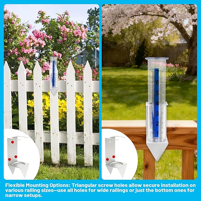 Rain Gauge Outdoor with Bracket, 7 Inch Easy-Read Removable Tube, 4 Mounting Options for Fence, Rail, Post, Planter or Ground, Silver