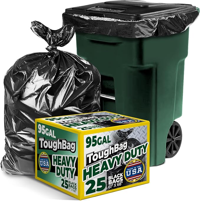 ToughBag 95-96 Gallon Extra-Large Trash Bags, 61x68” Black Garbage Bags, 1.2 Mil Thick (25 COUNT), Heavy-Duty Outdoor 95 Gallon Trash Bags – for Storage, Custodial, Landscape - Made In USA