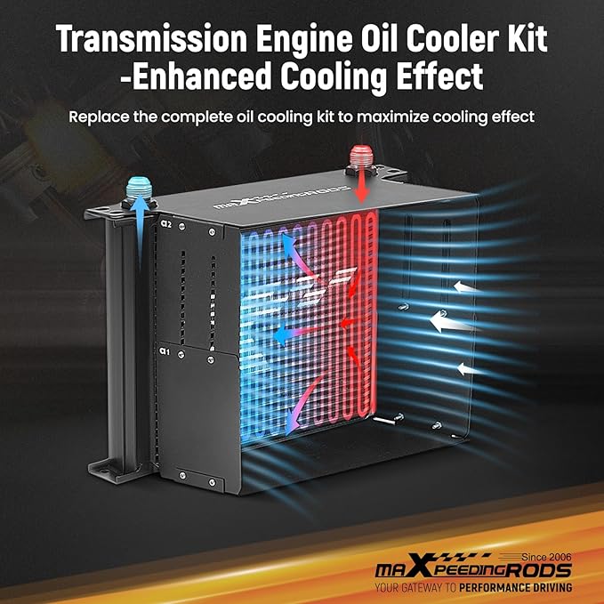 maXpeedingrods 25 Row Engine Oil Cooler Kit, 10AN Transmission Engine Cooler British Radiator Universal Aluminium Black, Thermostatic Oil Filter Sandwich Adapter, Air Guide Kit and Oil Cooler Hoses