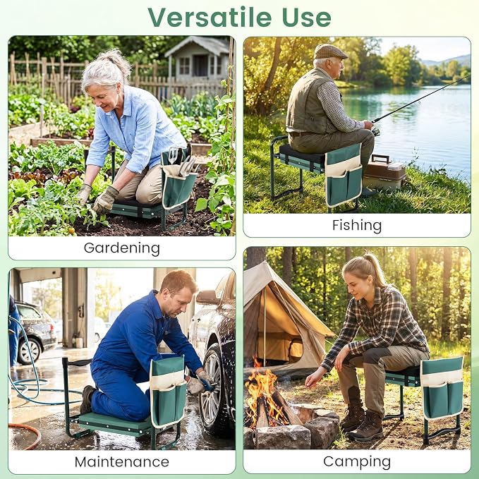 Giantex Garden Kneeler and Seat, Foldable Gardening Stool w/Wide EVA Foam Padding, Tool Pouch, Heavy-Duty Kneeling Bench for Knee & Back Pain Relief, Gardening Kit for Seniors Women Men (Green)