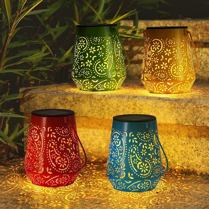 Solar Lanterns 4 Pack Outdoor Waterproof Solar Lights, Birthday Gifts for Women Garden Decor LED Hanging Solar Powered Decorative Lantern with Handle for Outside Patio Yard Table Fence