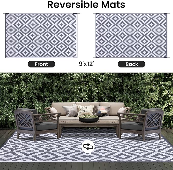 Smiry Waterproof Outdoor Rug 9x12 ft, Reversible Plastic Straw Patio Camping Rugs, Outdoor Indoor RV Mat Carpet for Patio, Outside Entry, Backyard, Deck, Bench, Picnic, Camper, White & Grey