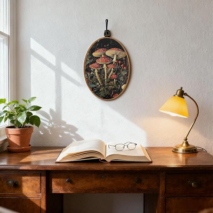 DOFQZ Vintage Mushroom Oval Wall Art Decor, Dark Botanical Cottagecore Mushroom Framed Wall Art, Gothic Moody Fungi Canvas Walls Hanging Decor for Home Bedroom Living Room, 8.5x11.5
