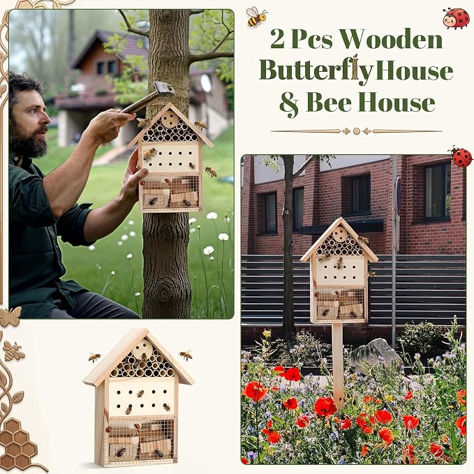 2 Pcs Wooden Bee Houses for Garden Insect Hotel for Ladybug, Mason Bee, Bugs Outdoor Hanging Natural Beneficial Insect Habitat for Garden and Yard, 9.8 x 7.8 x 2.95 Inch