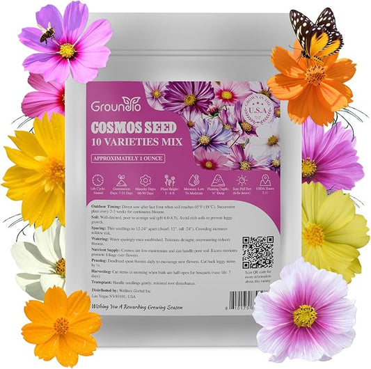 10 Varieties Cosmos Seeds,1 Ounce Over 5000+ Crazy Blend Cosmos Wildflower Seeds -Sensation Mix, Candystripe, Gloria and Sulphur, Non-GMO | Heirloom | Open Pollinated