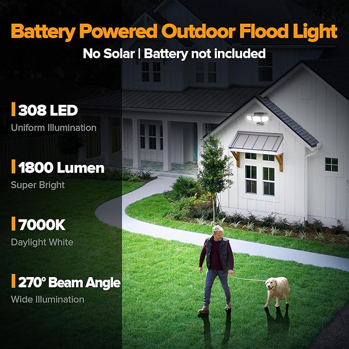 UME Battery Powered Motion Sensor Outdoor Lights 302 LED 1800LM, IP65 Waterproof Battery Operated Flood Lights Outdoor, 3 Heads Security Motion Light with 3 Modes for Garden Patio Yard, 2 Pack (Black)