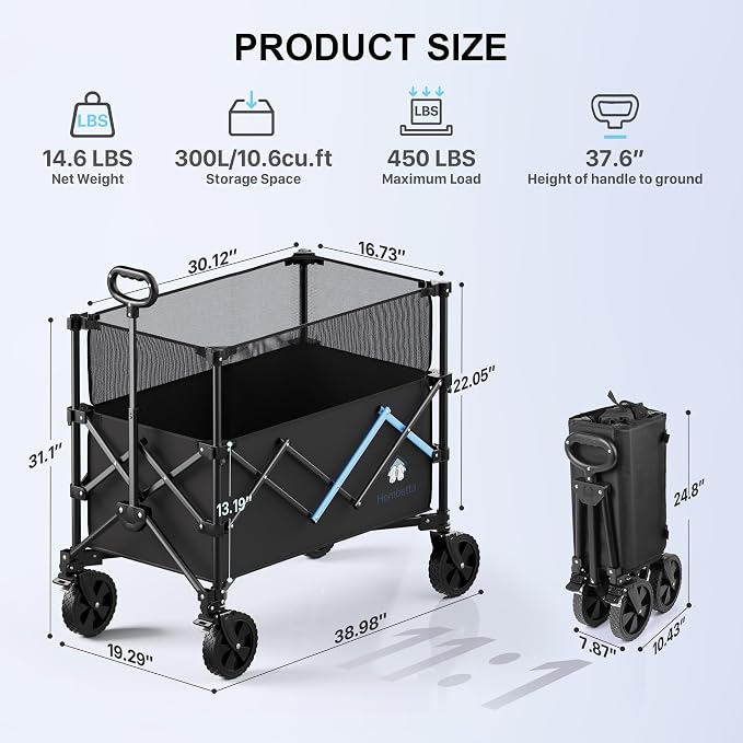 39" Collapsible Wagon Cart, 450 lbs Heavy Duty Folding Wagon with Brakes, Adjustable 150L-300L Utility Wagon with All-Terrain Wheels for Camping, Garden, Beach and Shopping