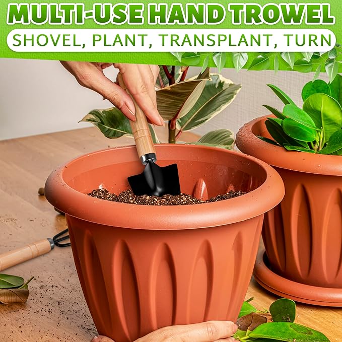 3 Pcs Mini Gardening Tools – Mini Garden Tools Set with Narrow Shovel, Wide Shovel & Hand Rake, Rustproof Metal Build, Ergonomic Wooden Handles – Potting & Transplanting Kit for Indoor Plant Care