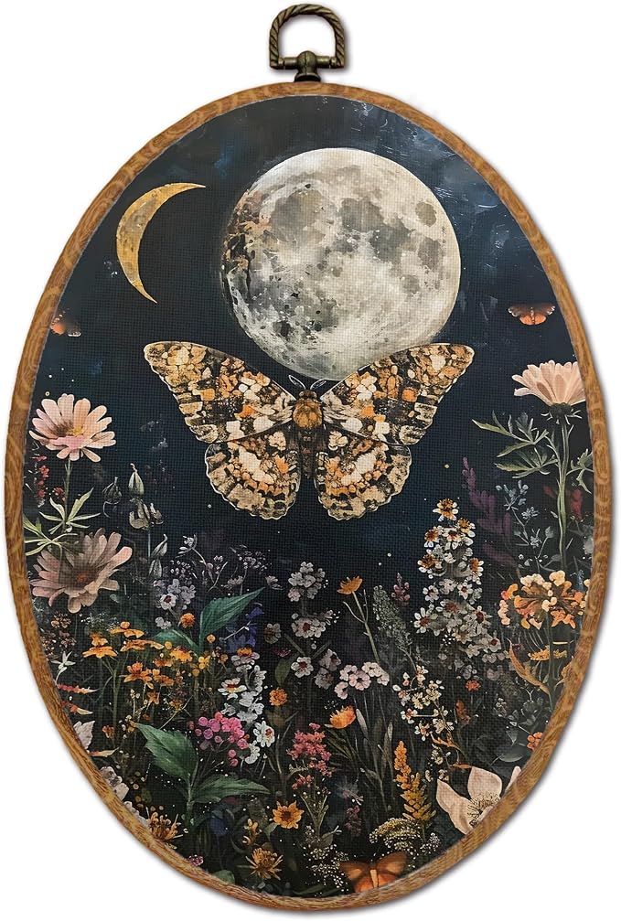 DOFQZ Dark Floral Moon Butterfly Oval Wall Art Decor, Cottagecore Moth and Butterfly Framed Wall Art, Mystical Night Garden Canvas Walls Hanging Decor for Home Bedroom Living Room, 8.5x11.5