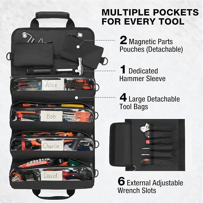 HISEA Roll Up Tool Bag, Heavy Duty Tool Storage Large-Capacity, 27"*14" Portable Tools Organizer with Utility Detachable Pouches, Waterproof Tool Roll Bag for Mechanic, Electrician, Gifts