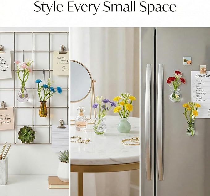 10-Pack Magnetic Mini Glass Vases Set with 30+ Flowers - Strong Magnet Decor for Fridge, Locker and Office - Small for Mom and Women