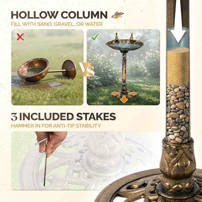 VINGLI Pedestal Bird Bath, Copper Resin Birdbaths Weather Resistant Floral Accents and Vintage Finish Garden Decor for Outdoor Lightweight Courtyard (Copper-Shell-Shaped with Solar Pump)