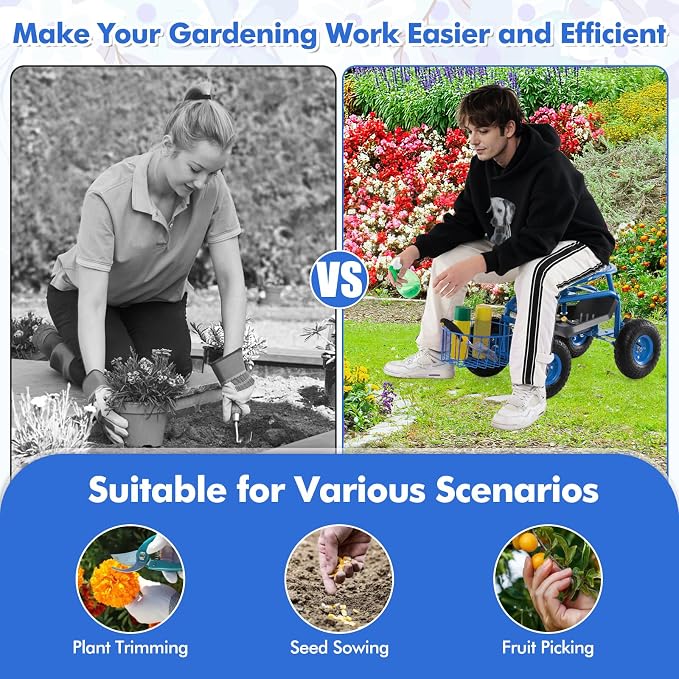 IRONMAX Garden Cart with Seat, Gardening Rolling Stool Scooter with 10’’ All-Terrain Wheels, Adjustable Steering Handle & Tool Tray and Basket for Outdoor Planting (Blue)