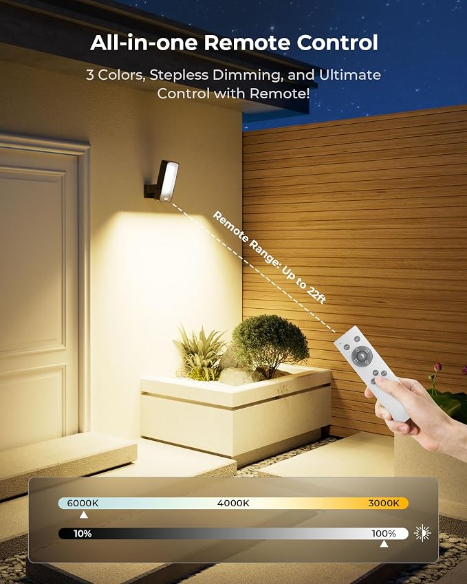 PopoIron Motion Sensor Outdoor Lights, 10000mAh Battery Operated Outdoor Lights with Remote, 3 Modes with Red Alert, Dimmable & 3CCT, Rechargeable Outdoor Security Lights for Porch, Backyard, Garage