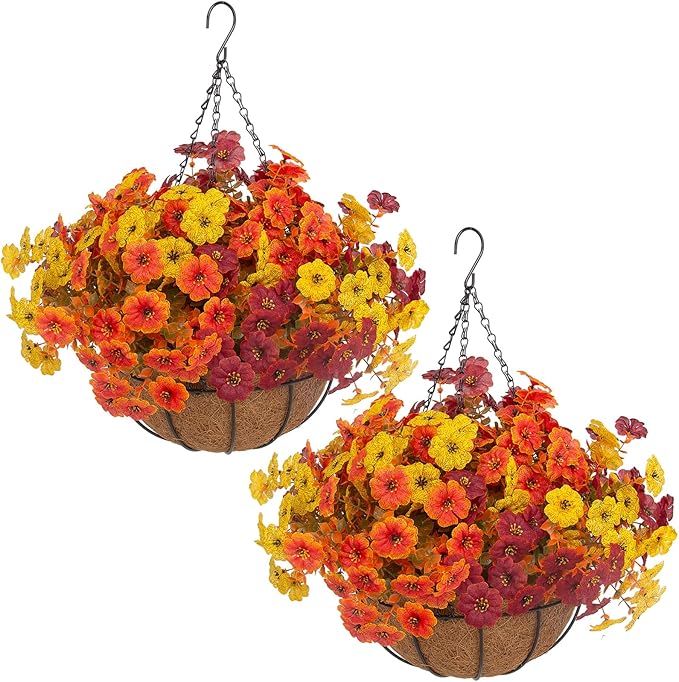 Hananona 2 Set Artificial Outdoor Fall Flowers with Hanging Basket, 2 Hanging Planters with 24 Pcs Flowers for Autumn Front Porch Garden Patio Home Decor (2, Orange,Yellow,Burgundy)