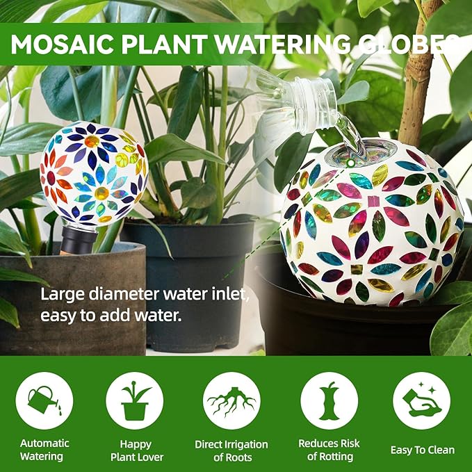 VOREEN Mosaic Glass Plant Watering Globes 2 Pack 500ml with Terracotta Spikes, Handmade Self-Watering Stakes for Indoor/Outdoor, Gift for Garden Lover,Multi Colored Flowers