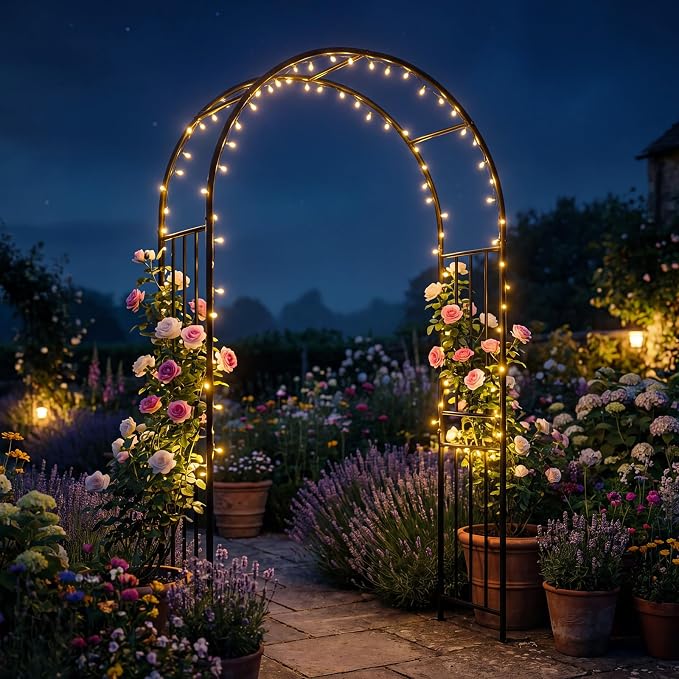 LDAILY Moccha Garden Arch Arbor Trellis, 7.2Ft Outdoor Steel Arbor with Stakes, Metal Archway for Climbing Plants, Wide Sturdy Garden Arch for Lawn, Party, Ceremony Wedding Decoration, Black