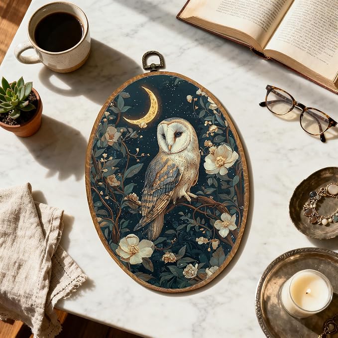 DOFQZ Vintage Moody Owl Oval Wall Art Decor, Dark Academia Cottagecore Floral Owl Framed Wall Art, Whimsical Gothic Owls Walls Hanging Decor for Home Bedroom Living Room, 8.5x11.5 Inch