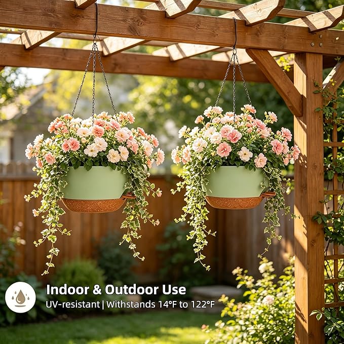 2 Pack 12" Self Watering Hanging Planters, Green Brown with Chains | Plastic hanging baskets with 43 Oz removable reservoir, for indoor outdoor plants, patio porch garden balcony decor