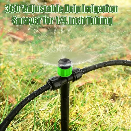 Kalolary Drip Irrigation Emitters, 30pcs Adjustable 360 Degree Water Flow Emitters for 1/4" Tubing, Two-Way Connection Irrigation Drippers for Garden, Lawn, and Greenhouse Watering Systems(Green)