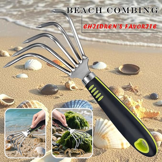 Garden Rake 5-Claw Landscape Dethatcher Thatching Beach Combing Rake for Digging Clam Shell Defoliation Hoe Garden Tool for Loosen The Soil (Green)