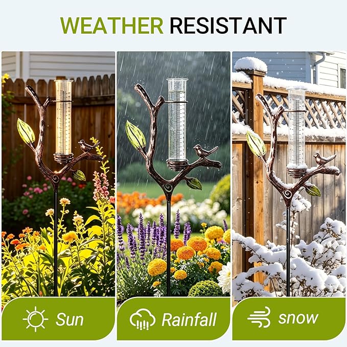 Deepfeel Branch Design Rain Gauge Outdoor – Decorative Rain Gauge for Garden Yard Patio, Easy-to-Read 7" Scale, Freeze Proof Plastic Tube with Metal Stake, Rain Gauges Outdoors Best Rated