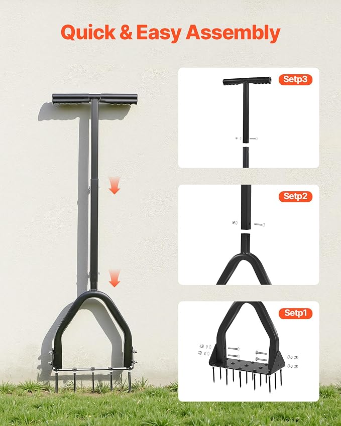 VEVOR Lawn Aerator, 9.2 in Manual Core Aerator Tool with 15 Iron Spikes, Long Handle & Wide Plate, Heavy Duty Grass Aeration Tool, Yard Aerators for Compacted Hardened Soil Lawn Aeration