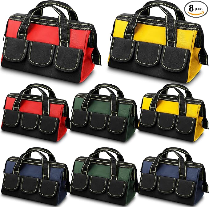Silkfly 8 Pcs Tool Bags for Men Heavy Duty with Waterproof Hard Bottom Wide Mouth Large Tool Tote Bag Multi Pockets Organizer Tools Kit for Electrician Carpenter Mechanic Dad Gifts(16 Inch)
