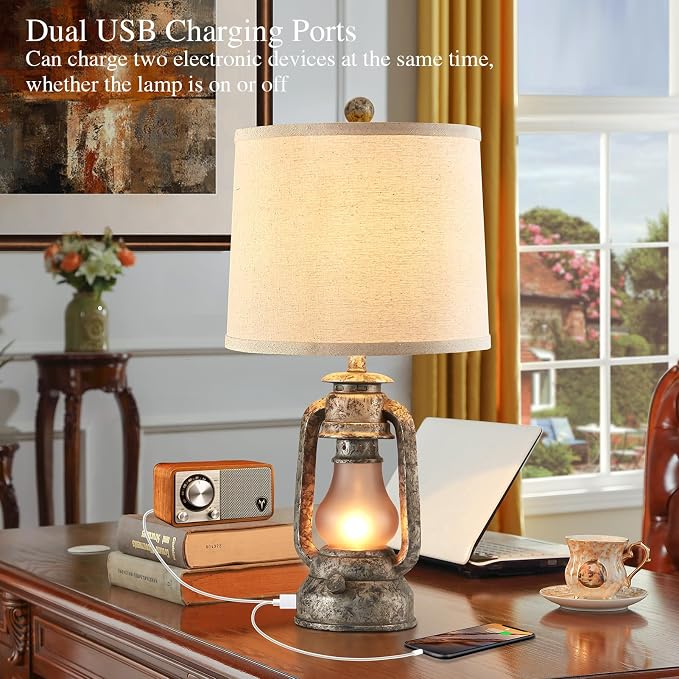 Farmhouse Rustic Table Lamps Set of 2, Iron Gray | Vintage Lantern Design, Dual USB Ports, For Living Room Bedroom Bedside, 4 Bulbs Included