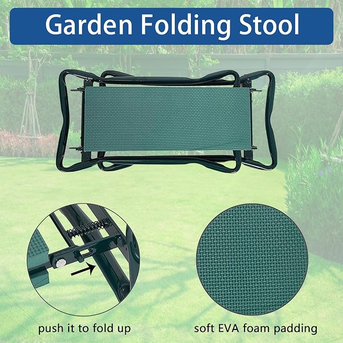 WFLNHB Garden Kneeler and Seat Stool Bench Foldable Kneeler Portable Garden Folding Stool with Tool Pouch and Soft Kneeling Pad
