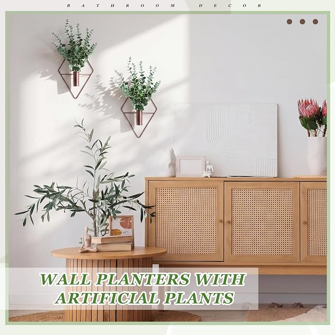 Canlierr 2 Pieces Wall Decor Hanging Planters with Artificial Plants Metal Hanging Vase Indoor Plants Holder Modern Boho Wall Art for Bathroom Bedroom Living Room Decor(Eucalyptus, Bronze)