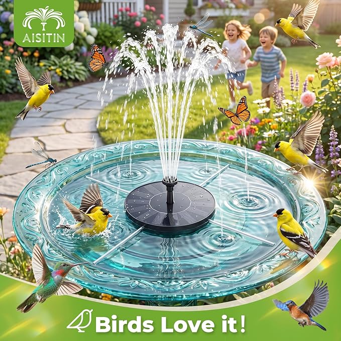 AISITIN Solar Bird Bath Fountain Pump, Solar Fountain for Bird Bath with 6 Nozzles, Solar Powered Water Fountain Pump for Garden, Ponds, Pool, Fish Tank and Outdoor