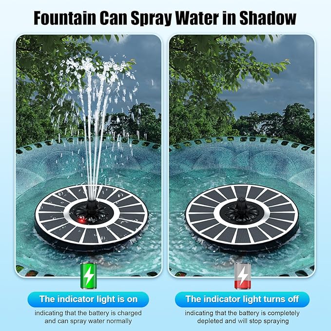 Solar Water Fountain Works in Cloudy Weather,Solar Fountain for Bird Bath 3.5W Faster Conversion Glass Solar Panel,Power Indicator Replaceable Nozzles,Built-in 2000mAh Battery(White Panel)