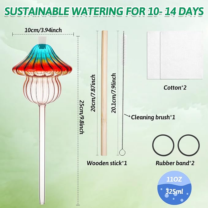 11 oz Large Plant Watering Globes Mushroom, Gradient Color Glass Watering Bulbs, Self Watering Planter Insert, Self Watering Globes - Vacation Plant Watering Devices for Travel (Large 2-Pack)