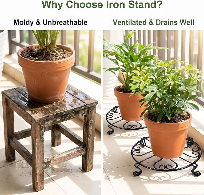NSYOOMH 2 pack 8" Rustproof Black Metal Plant Stands Heavy Duty Plants Holder Outdoor Indoor, Round Wrought Iron Sturdy Flower Planter Pot Stand, Corner Gardening Inside Potted Plant Riser - 8Inches