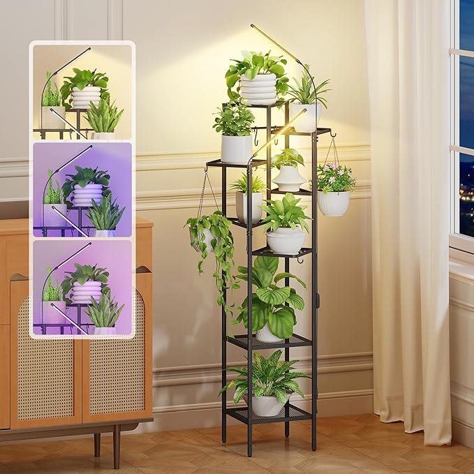 Quikraen 8 tiers Metal Plant Stand with Grow Lights, Tall Lighted Corner Plant Shelf for Indoor Plant Growing,Flower Pot Holder, Plant Rack for Home Decor, Patio (Black)