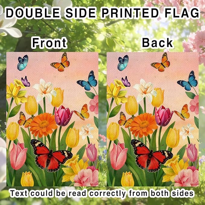 Spring Summer Tulip butterfly Welcome Garden Flag 12x18 Inch Double Sided Colorful Floral Outside Flag for Burlap Holiday Farm house Yard Flag Outside Decoration